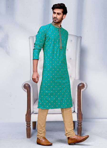 Teal Green Colour Vog New Exclusive Fancy Festive Wear Cotton Embroidery Kurta Pajama Mens Collection VOG-KP-10